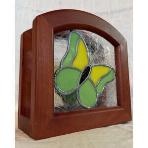 Vintage Butterfly Stained Glass and Wooden Napkin Holder Handmade